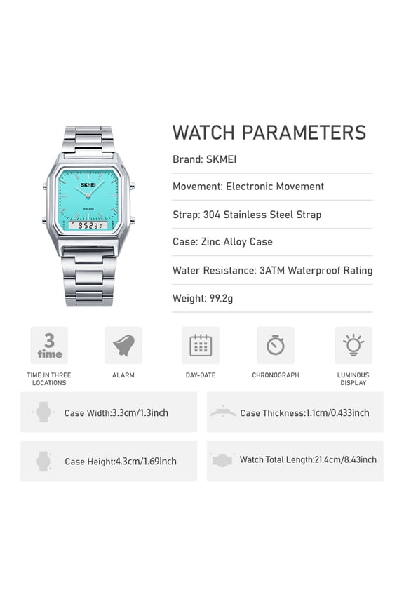 Vintage Digital Sports Watch Dual Display Water Resistant Outdoor Stainless Steel Band Electronic Square LED Back Light Multifunction Classic Wristwatch