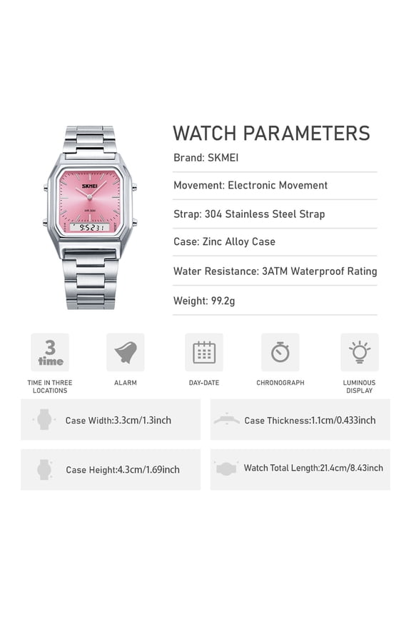 Vintage Digital Sports Watch Dual Display Water Resistant Outdoor Stainless Steel Band Electronic Square LED Back Light Multifunction Classic Wristwatch