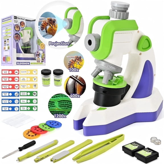 KENH 30-Piece Kids Microscope Kit with Projection Modes- 100X-1200X Magnification,Science Kit with an Easy-to-Use Kids Microscope, Built-in LED Light -Science Experiment Toy for Kids Ages 3-12