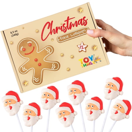 ToyThrill Santa Christmas Lollipops - Sweet Holiday Candy with Funny Santa Face & Gift Box for Christmas Party, Cute Stocking Stuffers, Kids Party Favor Candy, Goodie Bag - 12 Candies per Pack, 240g