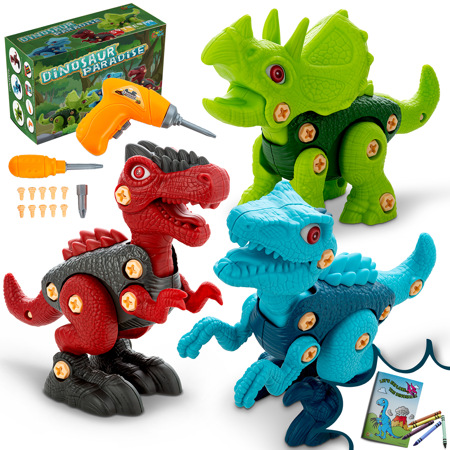 ToyVelt Dinosaur Take Apart Stem Toys for Boys & Girls Age 3 - 12 years old - Pack of 3 huge Dinosaurs, With Electric Drill, Dinosaur Toys Christmas Birthday Gifts Boys Girls - image 1 of 8