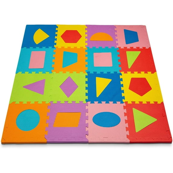 ToyVelt Foam Play Mat for Baby Kids Interlocking Foam Puzzle Floor Mats – EVA Non Toxic for Crawling, Exercise, Playroom, Play Area, Baby Nursery - Shapes, 16 Tiles