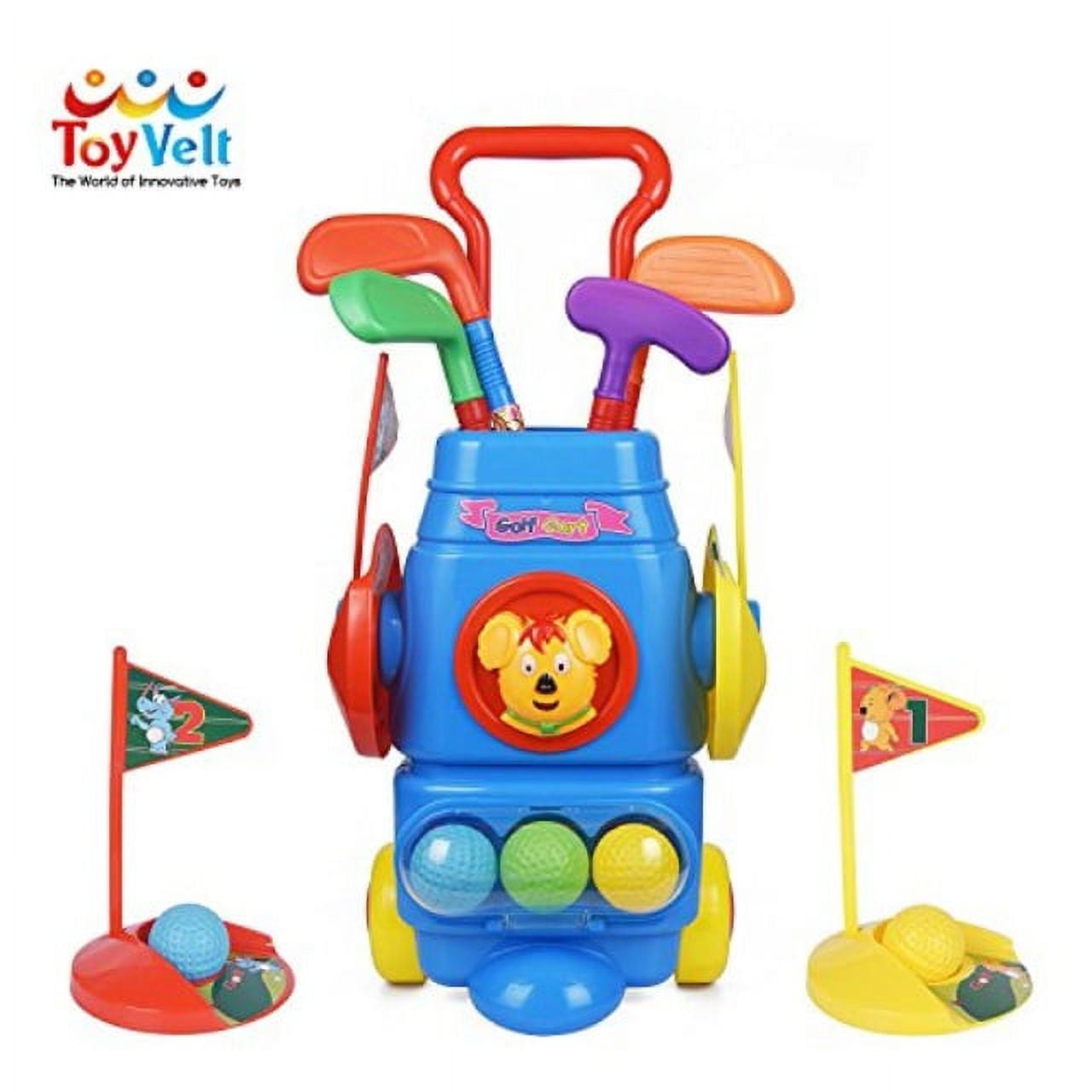 ToyVelt Kids Golf Club Set Golf CartWith Wheels, 4 Colorful Golf Sticks