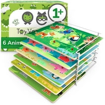 ToyVentive Animal Themed Wooden Puzzles for Kids With Wire Storage Rack, Ocean, Savanna, Forest, Birds, Dinosaurs, Rainforest, 6 Pack