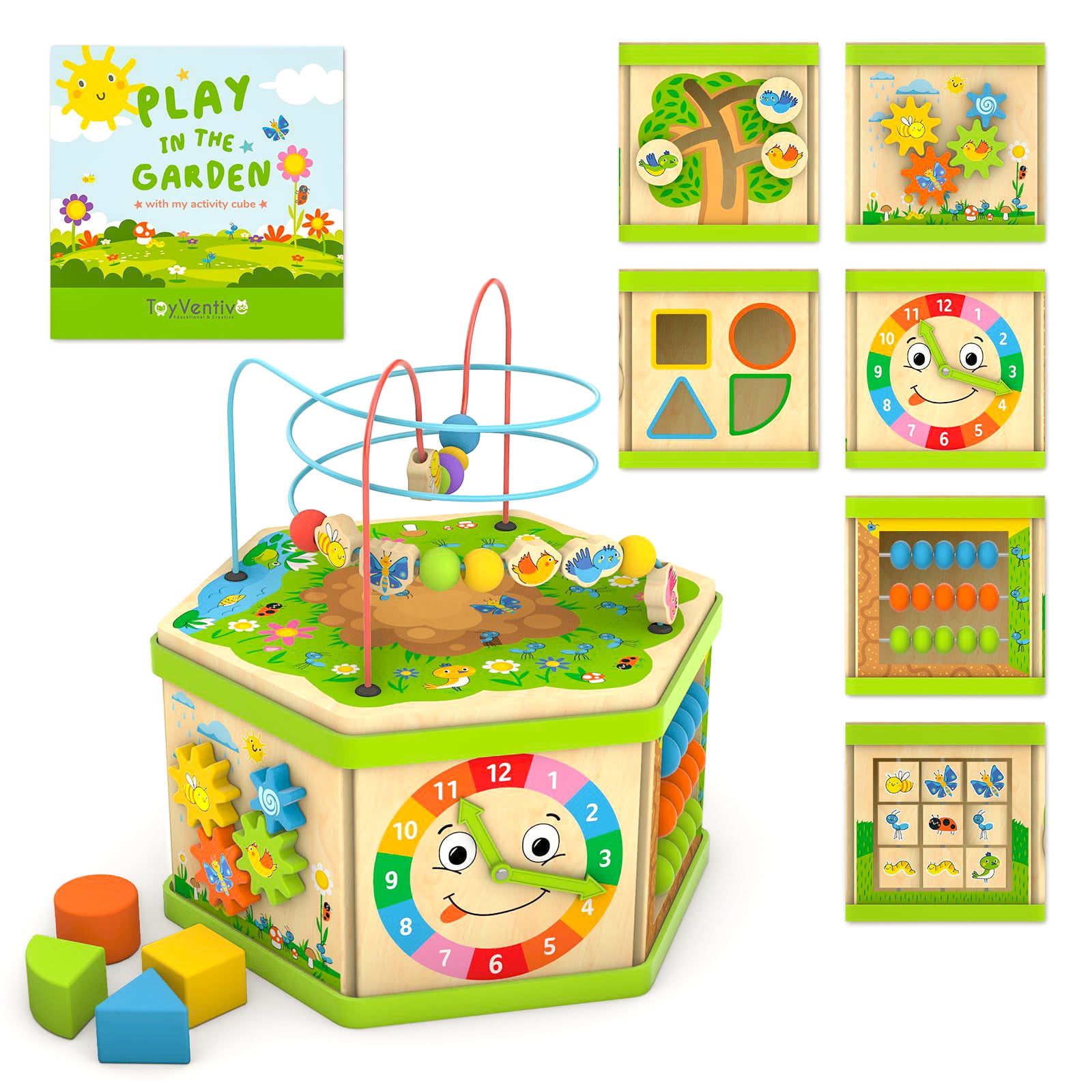 ToyVentive Wooden Activity Cube, Baby Toys for 1224 months, 7