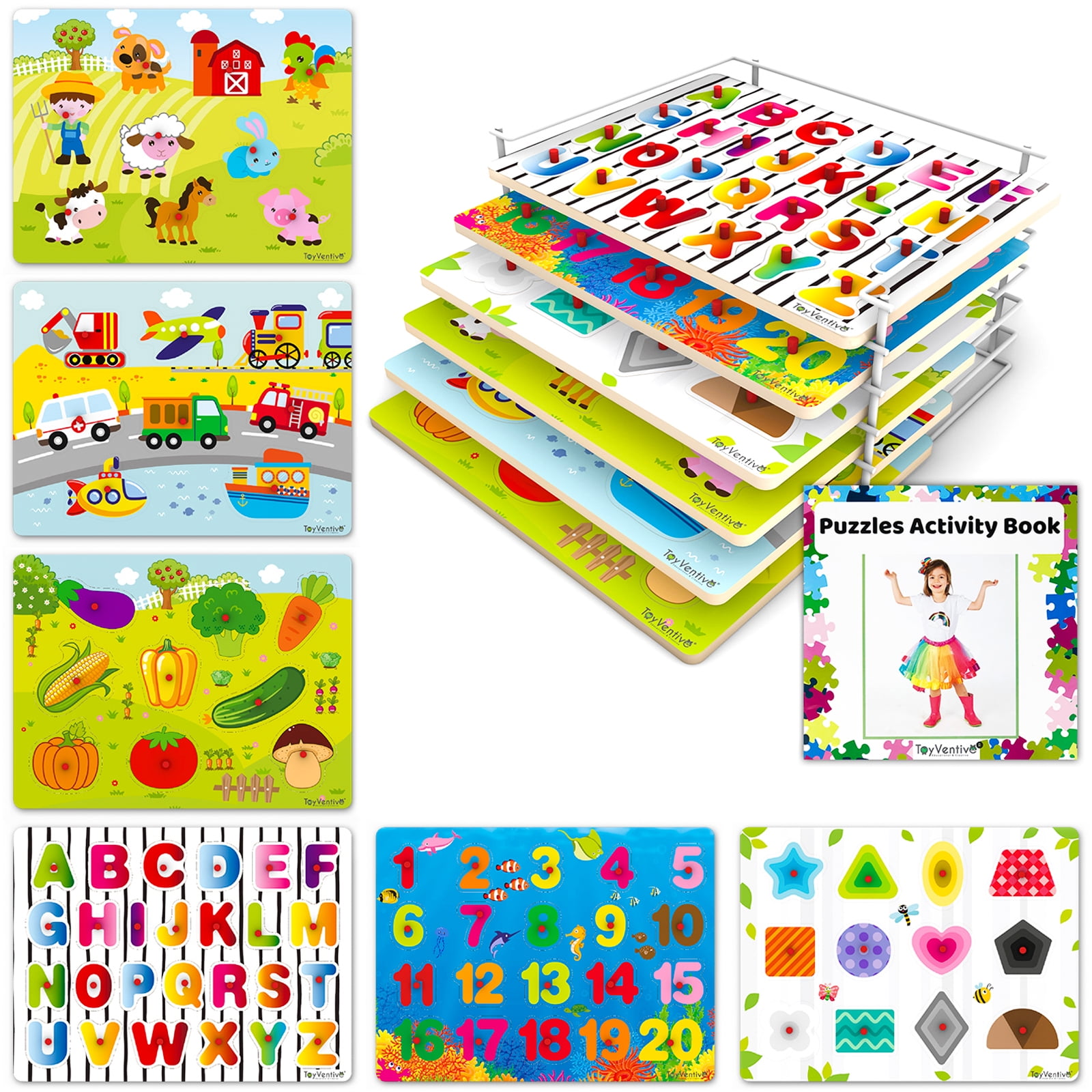  Premium Puzzles for Toddlers and Rack Set - (7 Pack