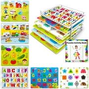 ToyVentive Wooden Puzzles for Kids With Wire Storage Rack, Letters, Numbers, Shapes, Vehicles, Farm, Garden, 6 Pack