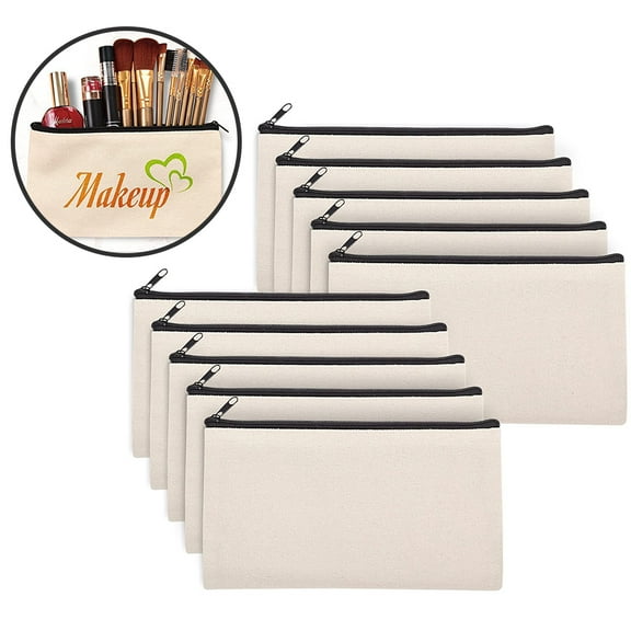 Toyandona 10Pcs Sublimation Blank Makeup Bags Beige Canvas Zipper Cosmetic Organizer