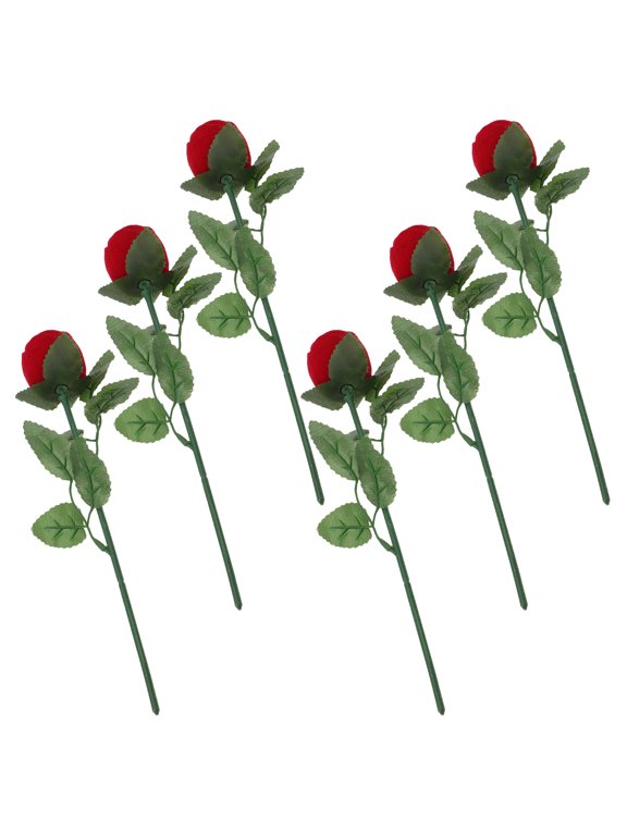 6Pcs Rose Ring Box with Velvet Lining for Proposal Wedding Anniversary with Romantic Red Rose Design