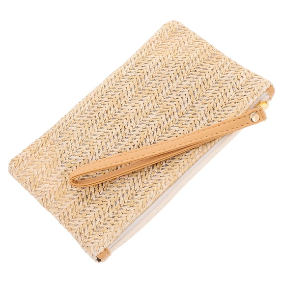 Toyandona Small Beige Straw Clutch with Smooth Zipper for Travel and Business