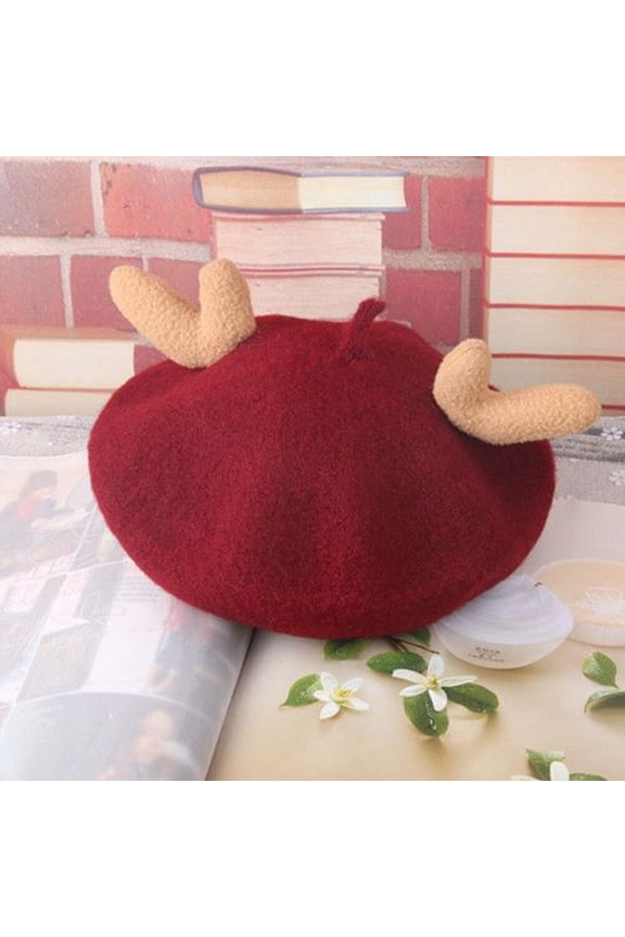 Dark Red Wool Beret Hat Painter Cap with Vintage Antlers for Fashionable Daily Wear
