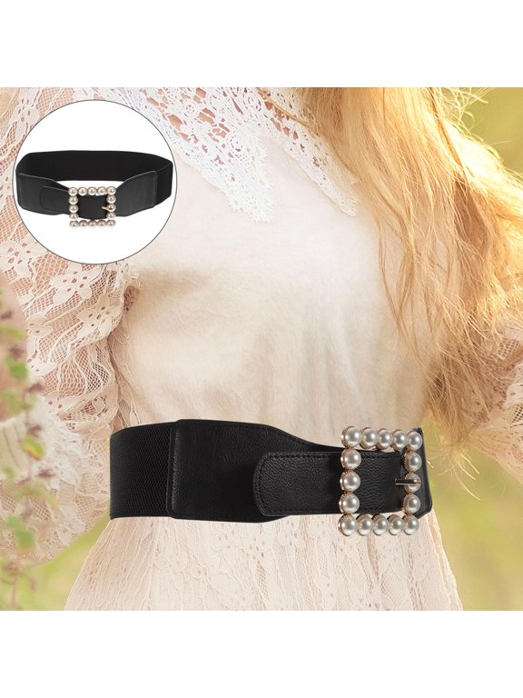 Black Elastic Waist Corset Belt with Alloy Square Buckle Ladies Cummerbund