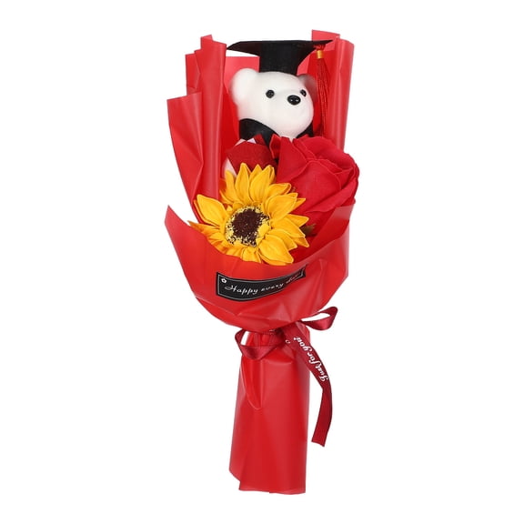Toyandona Graduation Bear and Plush Animal with Red Artificial Rose Flower Bouquet for Graduation Photo Prop
