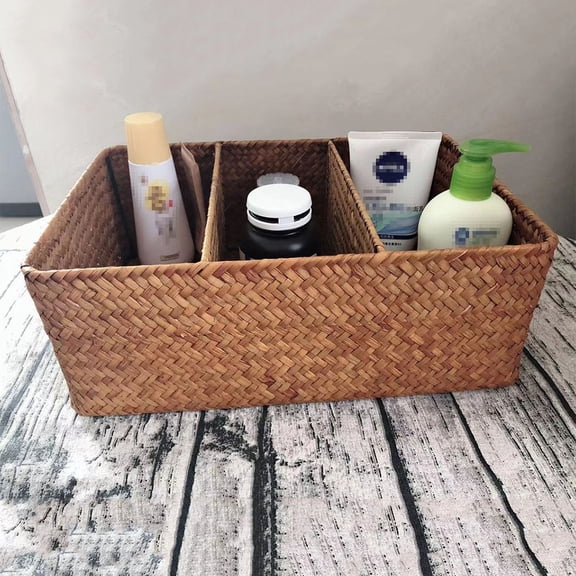 Toyandona Seaweed Woven Storage Box in Yellow with 3 Compartments for Neat Storage