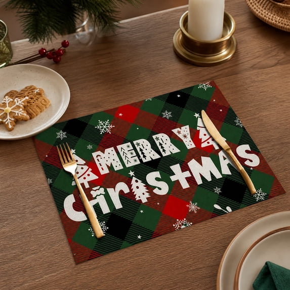 Toycle Christmas Plaid Placemats Merry Christmas Printed Fabric Table Mats Heat Decorative Dining Table Place Mats For Party A