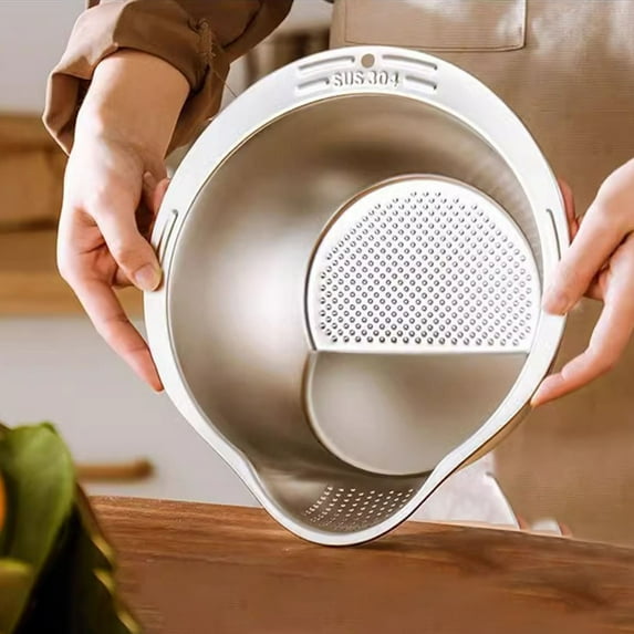 Toycle Rice Washer Strainer Bowl - 4-in-1 Washing Bowl For Quinoa Stainless Steel Rinser With Side Drainers Small Colander For Cleaning Vegetables And Beans Versatile(L,metal)