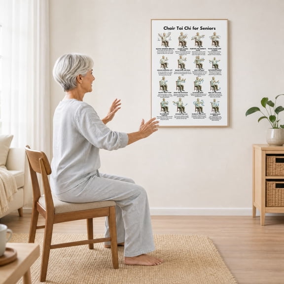 Toycle Tai Chi Chair Exercise Wall Art Seated Workout Guide For Seniors 16x20 Inch Unframed Canvas Poster Chart Home Gym Decor White
