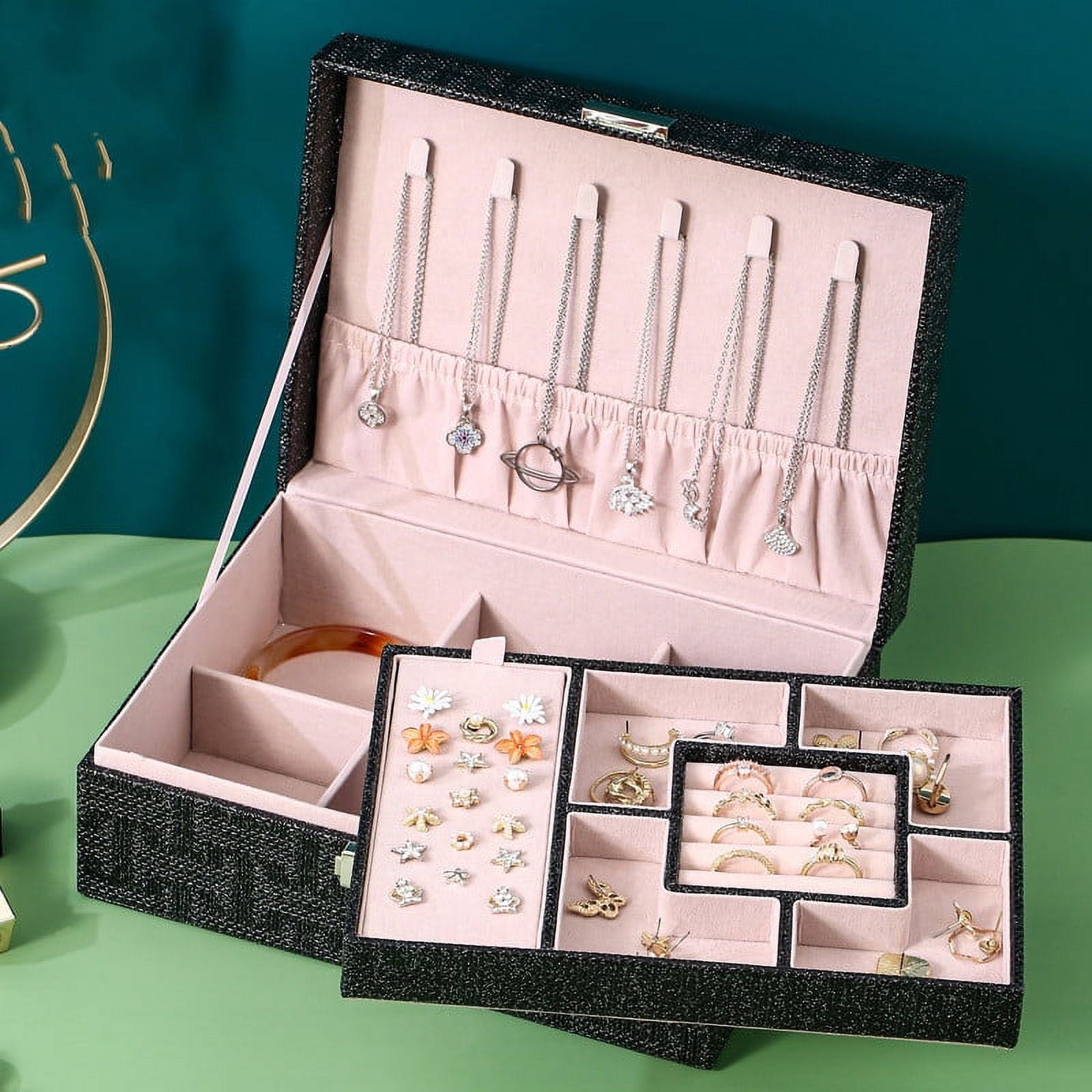 Toyella Double Layer Large Capacity Jewelry Box Stud Earrings Glitter