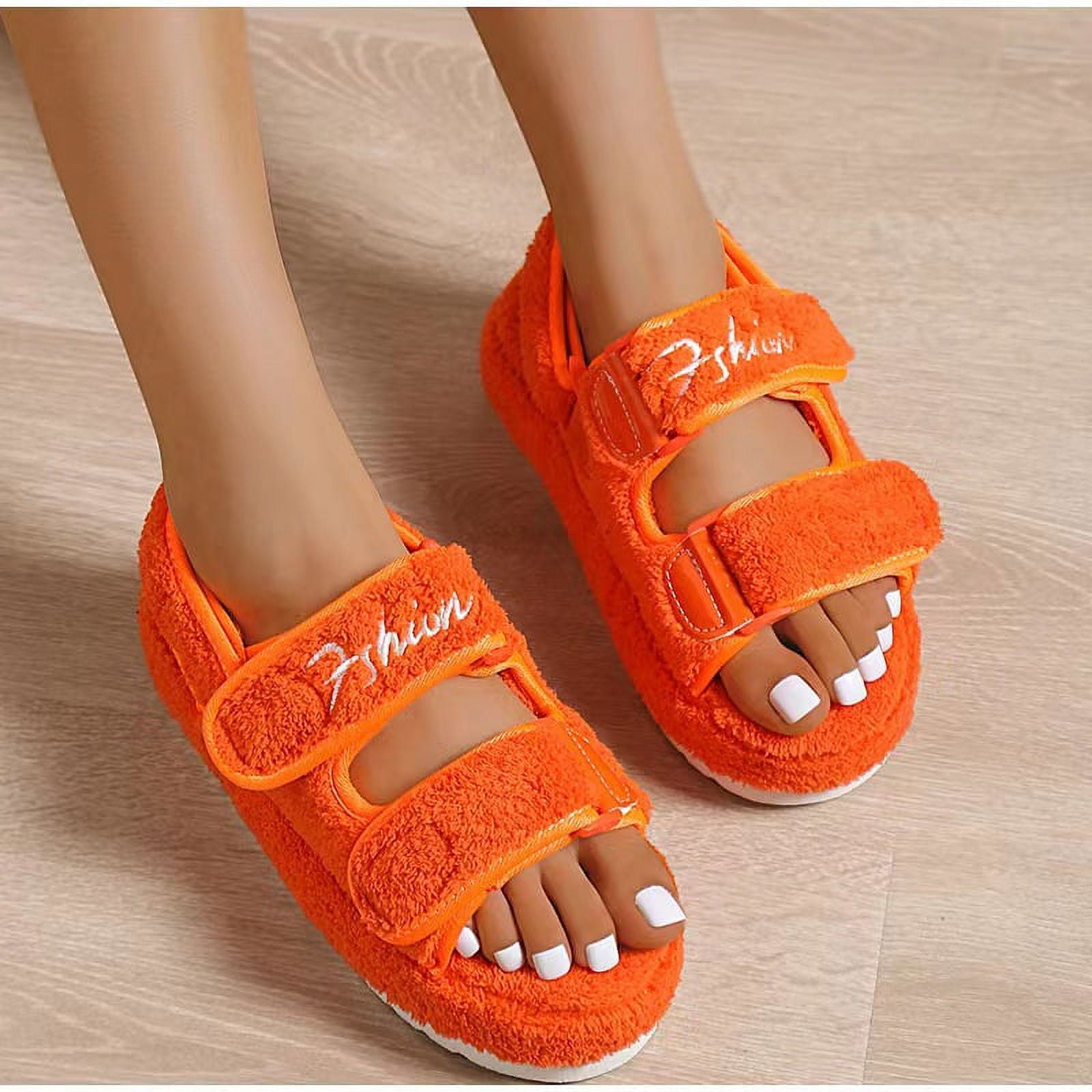 Toyella Women s Thick soled Mid heel Velcro Warm Furry Sandals