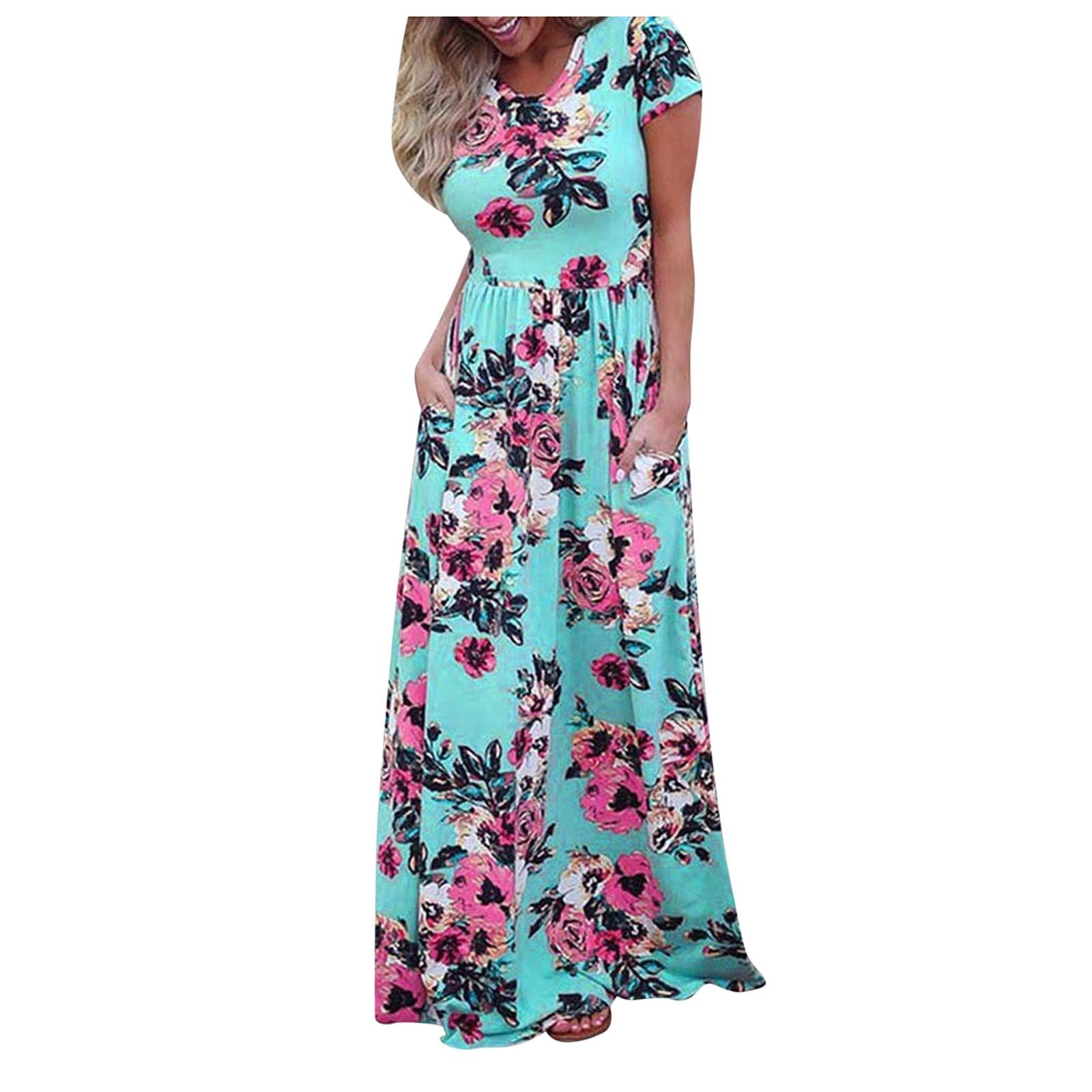 Toyfunny Women's Casual Floral Printed Dress Short Sleeve Maxi Dress ...