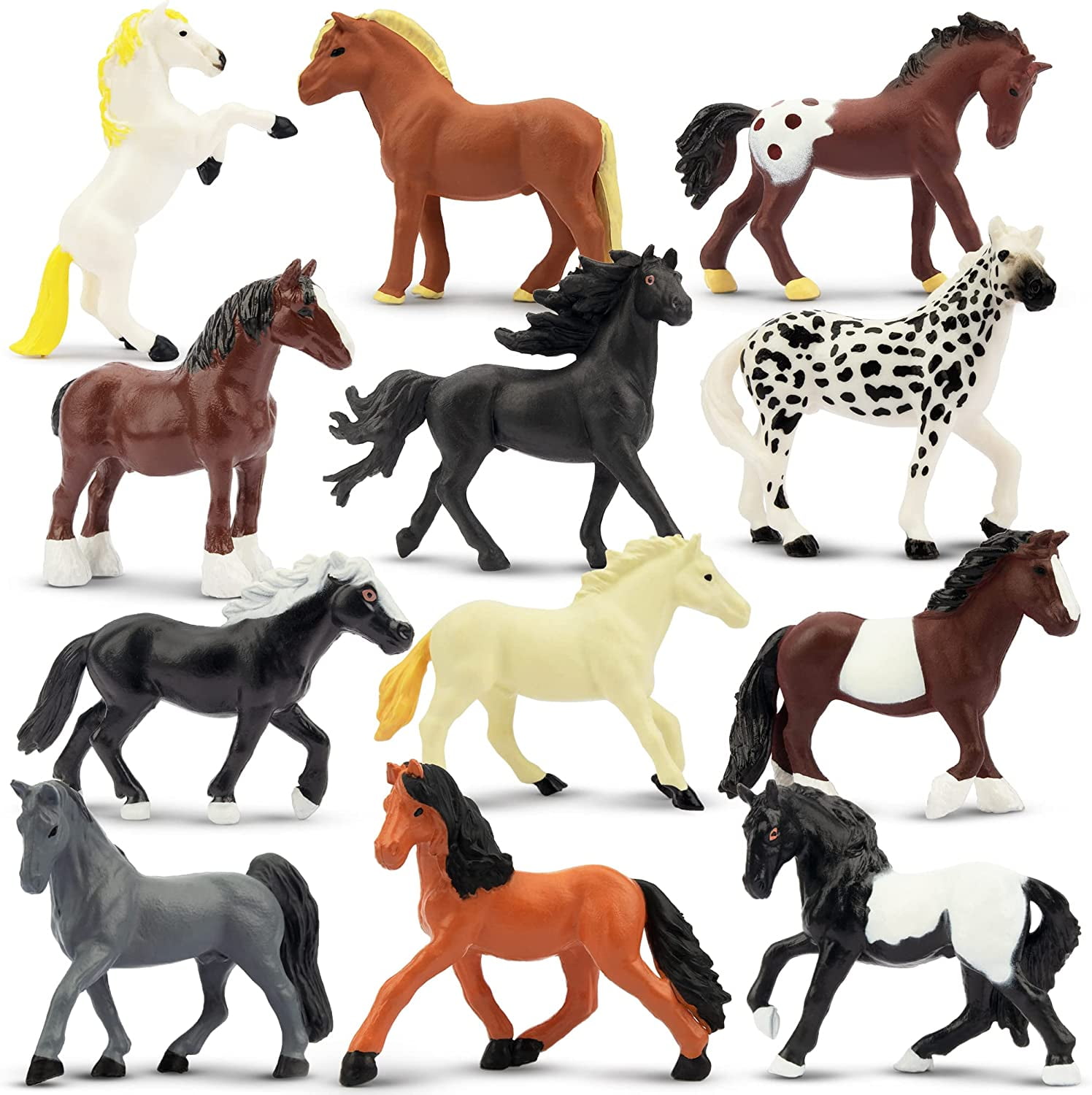 Toymany 12PCS 2-3" Tiny Horse Figurines Toy Set, Plastic Pony Small Foal Figures, Christmas Birthday Gift Cupcake Horse Cake Topper Educational Toy for Kids Toddlers