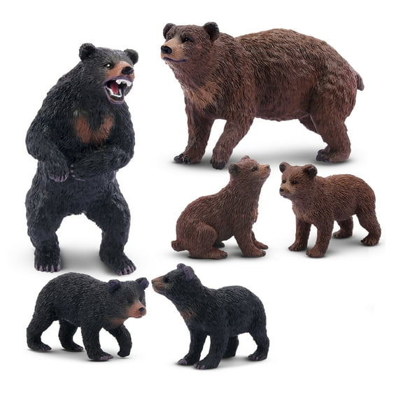 Toymany 6PCS Bear Figurines, Realistic Forest Animals Bear Family Figures Toy Set Includes Brown Bears Black Bears and Cubs, Education Toy Birthday for Kids Toddlers