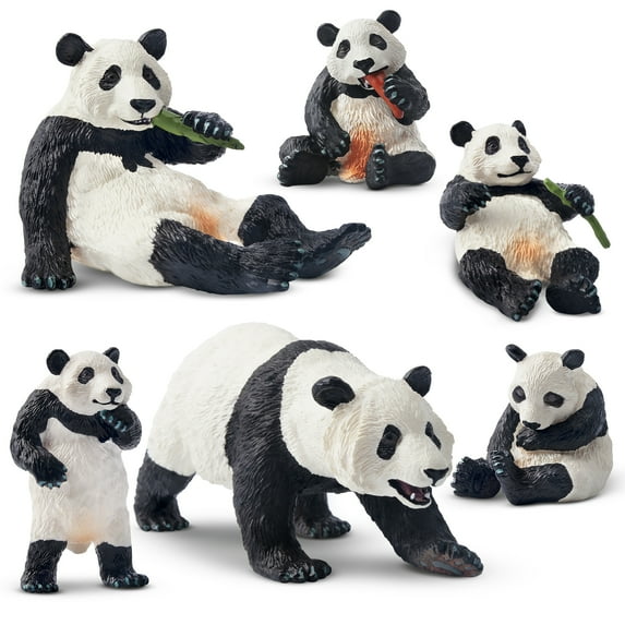 Toymany 6PCS Panda Figurines Toy, Plastic Jungle Panda Animal Figurine Family Set with Bamboo & Baby Pandas, Cake Topper Gift Panda Diorama Habitat Project Supplie for Kids
