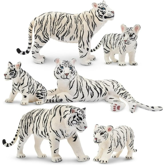 Toymany 6PCS Realistic White Tigers Figurines with Tiger Cubs, 2-6" Jungle Animals Figures Family Set Includes Baby Tigers, Educational Toy Cake Toppers Christmas Birthday Gift for Kids Toddlers