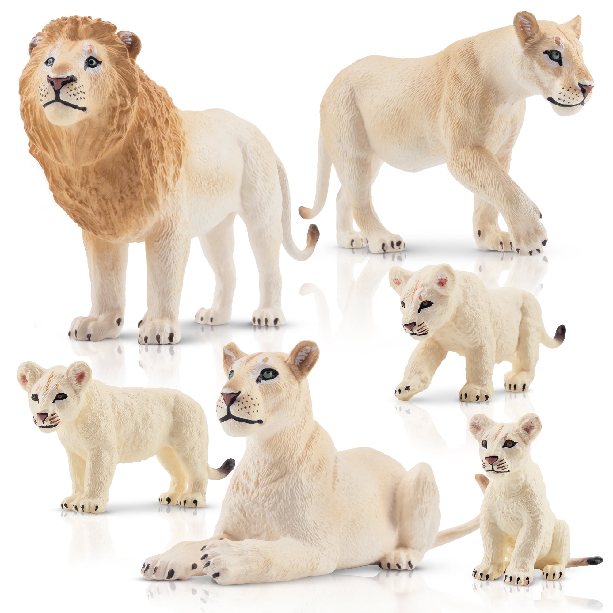 Toymany 6-Piece White Lion Figurine Set with Realistic Baby Lions, Educational Toy, 2-5 Inches