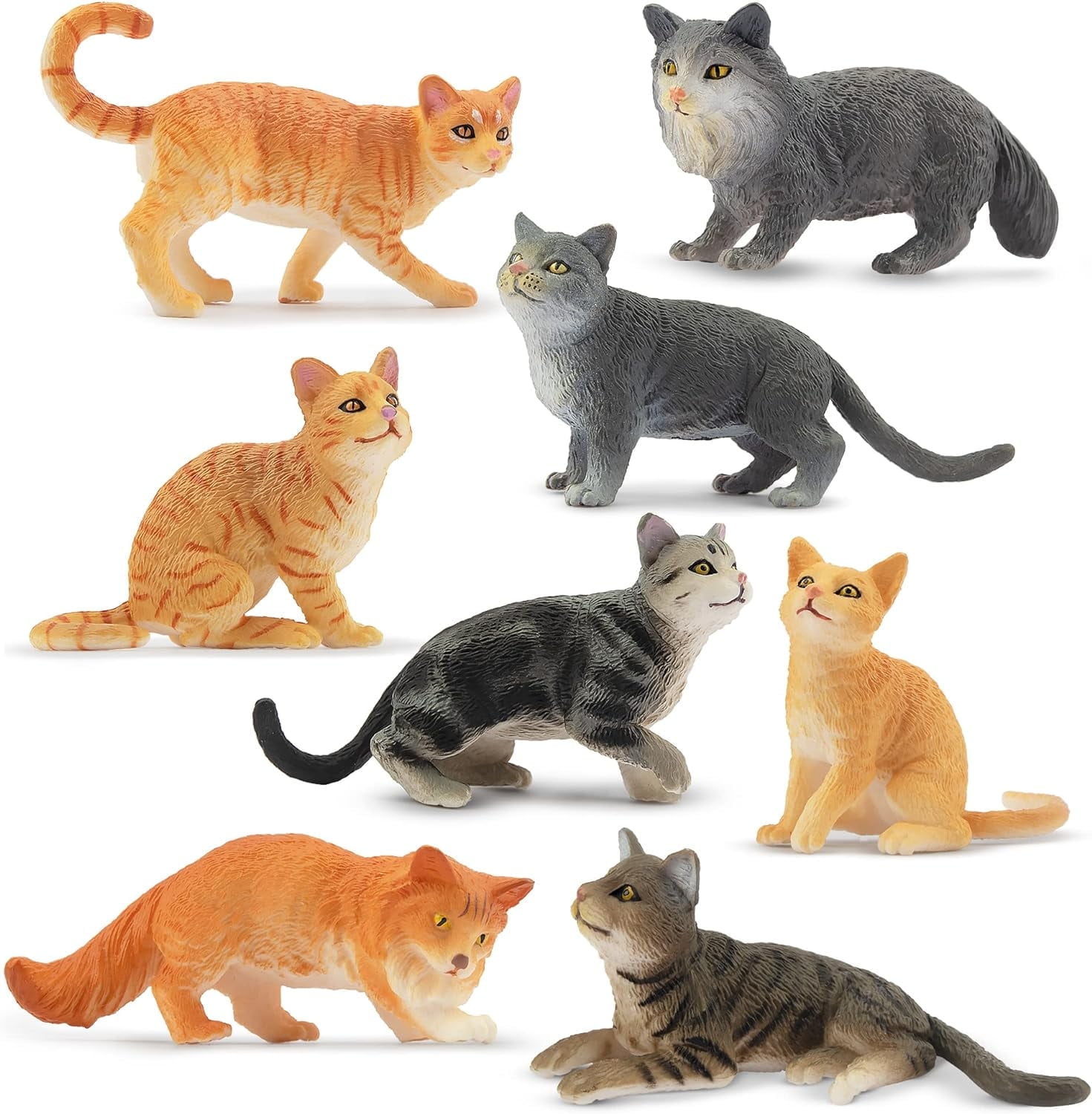 Toymany 8-Piece Realistic Grey & Orange Cat Figurine Set
