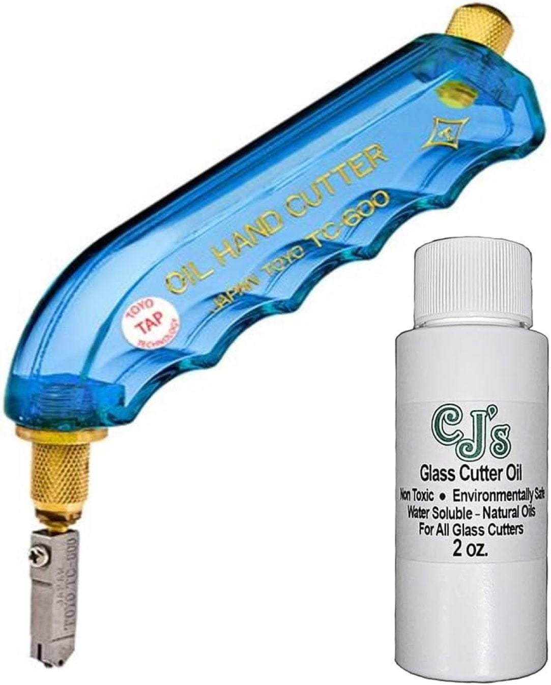 Toyo Pistol Grip Oil Fed Glass Cutter with Carbide TAP Glass Cutting Wheel and Included 2oz. Bottle of CJ's Glass Cutting Oil-Assorted Colors