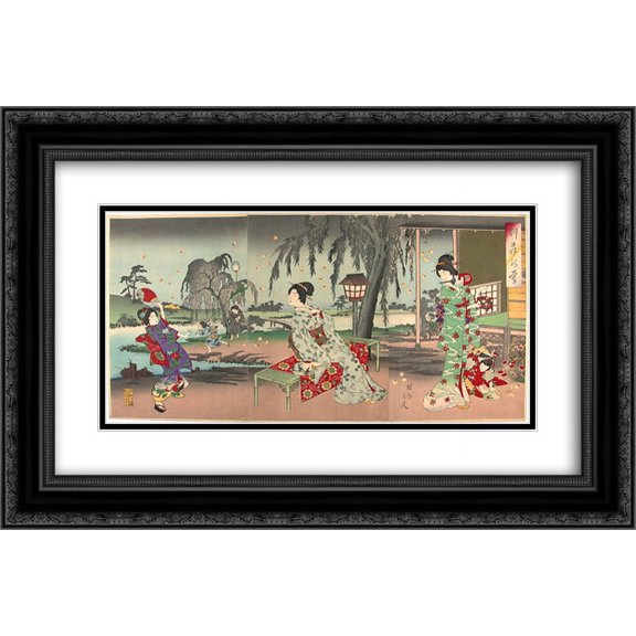 Toyohara Chikanobu 2x Matted 24x16 Black Ornate Framed Art Print 'Fireflies at a country house'