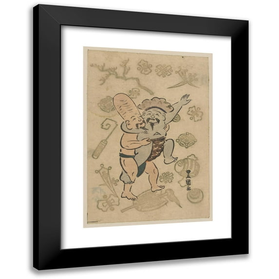 Toyokuni Utagawa 11x14 Black Modern Framed Museum Art Print Titled - Daikoku to Fukurokuju No Sumo (1831)