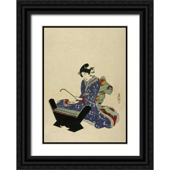 Toyokuni, Utagawa 11x14 Black Ornate Wood Framed with Double Matting Museum Art Print Titled - Mokkin - Wooden Xylophone