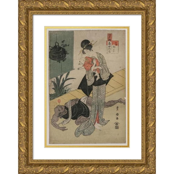 Toyokuni Utagawa 11x14 Gold Ornate Wood Frame and Double Matted Museum Art Print Titled - The Sixth Month (From the Series the Twelve Felicitous Months in Edo Brocades) (C. Late 1790s)