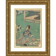 thumbnail image 1 of Toyokuni Utagawa 11x14 Gold Ornate Wood Frame and Double Matted Museum Art Print Titled - Woman in Kimono of Blue Shaded as a Background for Elaborate Embroidery of Pink Peonies (Late 18th C, 1 of 4