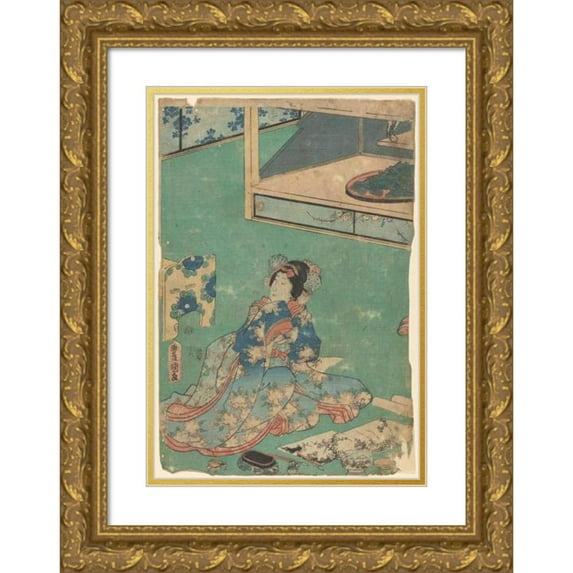 Toyokuni Utagawa 11x14 Gold Ornate Wood Frame and Double Matted Museum Art Print Titled - Woman in Kimono of Blue Shaded as a Background for Elaborate Embroidery of Pink Peonies (Late 18th C