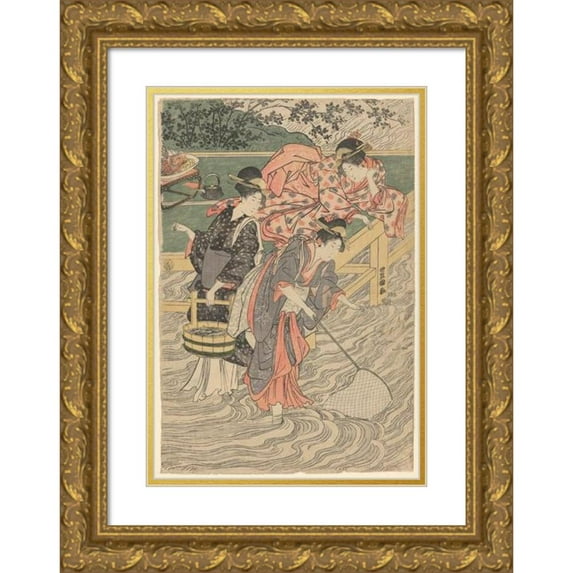 Toyokuni Utagawa 13x18 Gold Ornate Wood Frame and Double Matted Museum Art Print Titled - Women Fishing with Nets (Late 18th Century - Early 19th Century)
