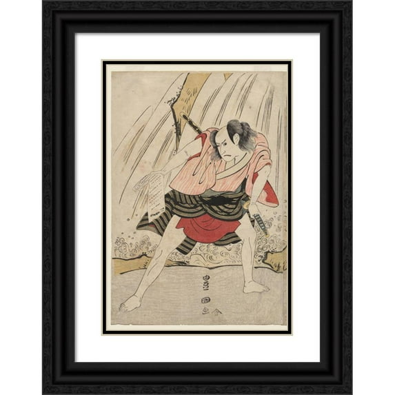 Toyokuni Utagawa 14x18 Black Ornate Wood Framed Double Matted Museum Art Print Titled - Kataoka Nizaemon VII and Ichikawa Yaozo III in a Confrontation Beside a Waterfall (C. 1797)