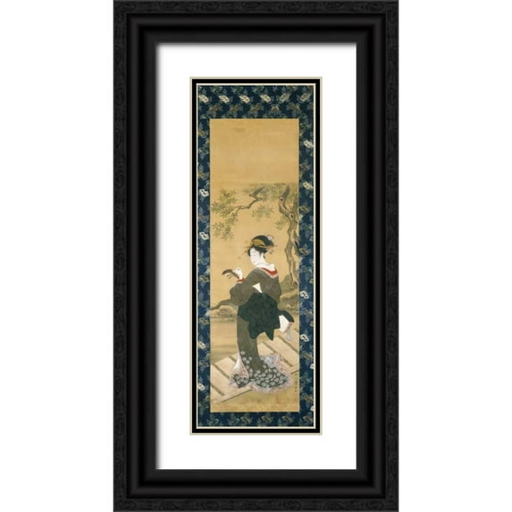 Toyokuni, Utagawa 14x32 Black Ornate Wood Framed with Double Matting Museum Art Print Titled - Portrait of a Woman Tuning Her Shamisen On a Veranda