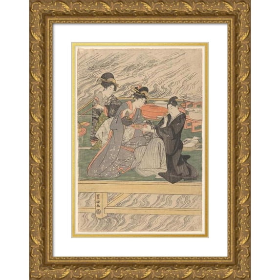 Toyokuni Utagawa 17x24 Gold Ornate Framed and Double Matted Museum Art Print Titled - Women at Tea on Wharf (Late 18th Century - Early 19th Century)