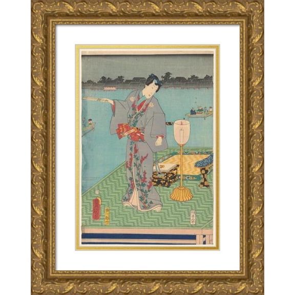 Toyokuni Utagawa 18x24 Gold Ornate Framed and Double Matted Museum Art Print Titled - Actor in Grey Costume with Red Trim (Late 18th Century - Early 19th Century)