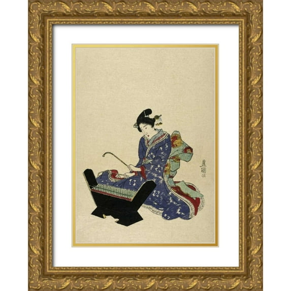 Toyokuni, Utagawa 18x24 Gold Ornate Wood Framed with Double Matting Museum Art Print Titled - Mokkin - Wooden Xylophone