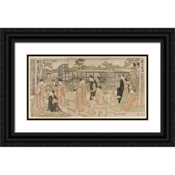 Toyokuni Utagawa 24x14 Black Ornate Framed Double Matted Museum Art Print Titled: Visitors to the Shika Tea House (Early 1790s)
