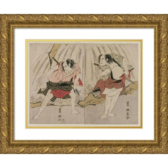 Toyokuni Utagawa 24x19 Gold Ornate Framed and Double Matted Museum Art Print Titled - Kataoka Nizaemon VII and Ichikawa Yaozo III in a Confrontation Beside a Waterfall (C. 1797)