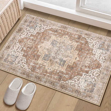 Toyoso 2x3 Machine Washable Area Rug - Vintage Medallion Distressed Accent Rug, Soft Polyester Non-Slip Entryway Kitchen Bath Mat, Boho Rustic Farmhouse Indoor Floor Carpet - Rust Tan