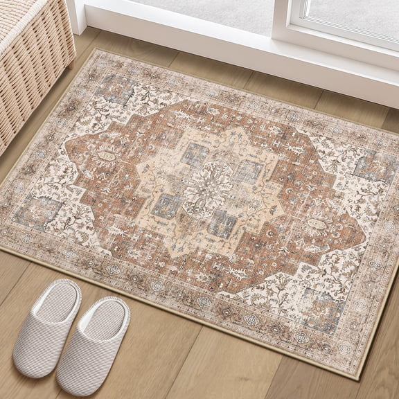 Toyoso 2x3 Machine Washable Area Rug - Vintage Medallion Distressed Accent Rug, Soft Polyester Non-Slip Entryway Kitchen Bath Mat, Boho Rustic Farmhouse Indoor Floor Carpet - Rust Tan