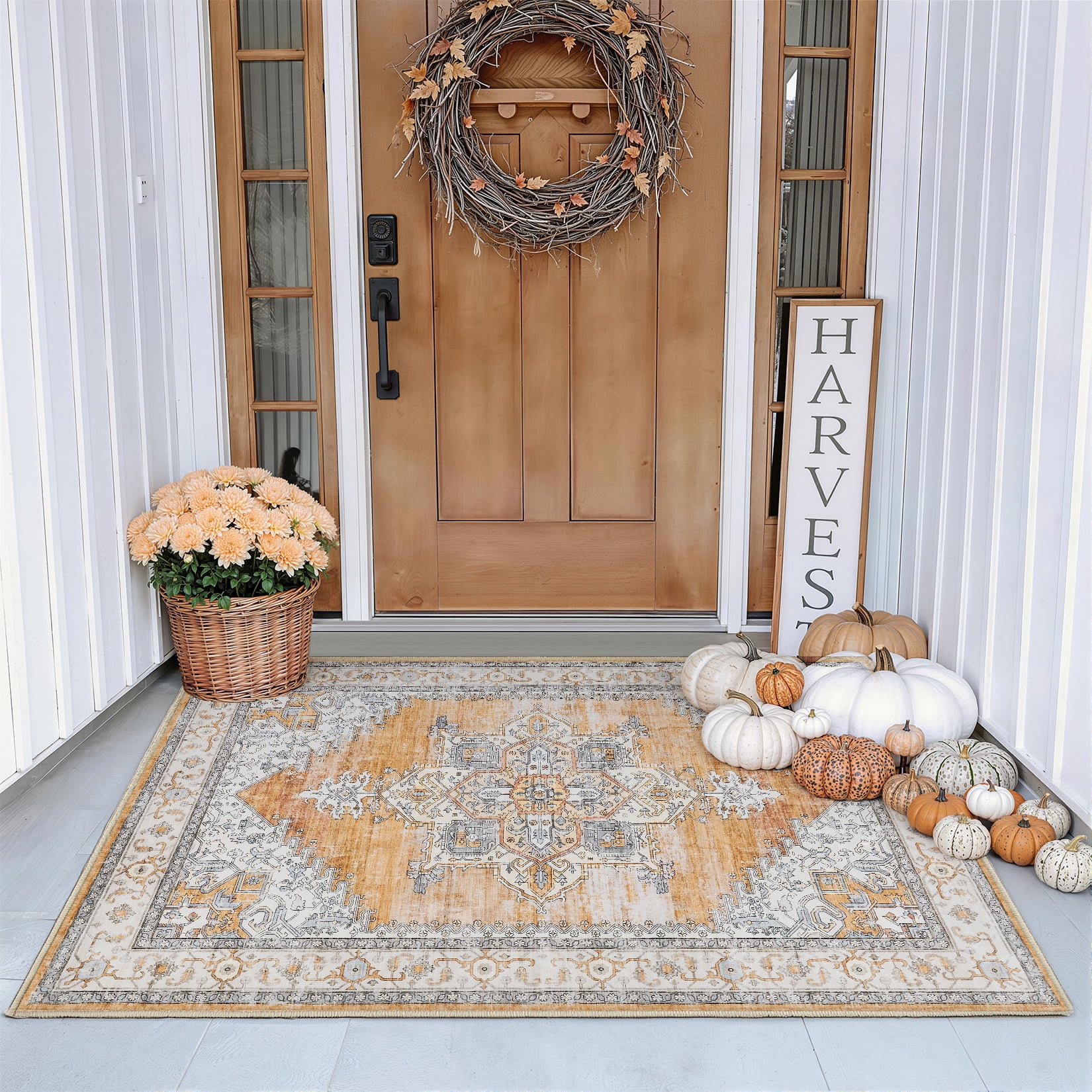 Toyoso 2x3 Machine Washable Area Rug, Soft Polyester Vintage Medallion Distressed Accent Rug, Non-Slip Oriental Floral Carpet, Burnt Orange