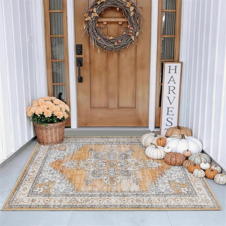 Toyoso 2x3 Machine Washable Area Rug, Soft Polyester Vintage Medallion Distressed Accent Rug, Non-Slip Oriental Floral Carpet, Burnt Orange