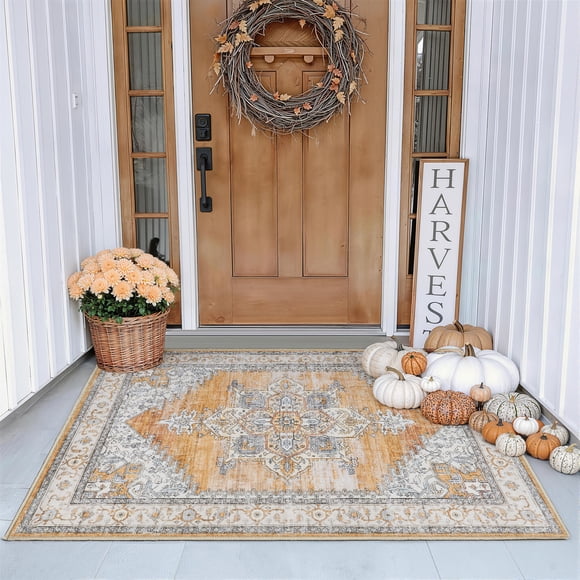 Toyoso 2x3 Machine Washable Area Rug, Soft Polyester Vintage Medallion Distressed Accent Rug, Non-Slip Oriental Floral Carpet, Burnt Orange